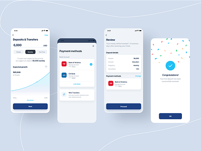 Effortless Money Deposit & Bank Linking UI bankaccountlink banklinking confetticelebration depositexperience dribbbledesign financialinteractions financialtransactions fundsdeposits investmentjourney investmenttools investmentui moneydeposit securetransactions successscreen uiuxdesign