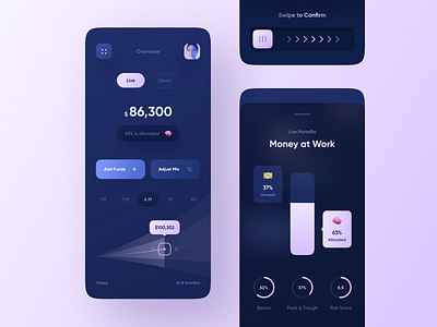 Dashboard & Adjustments for Investments App algorithms app balance blur business chart dark mode dashboard diagram emoji finance app fintech investments mobile money night mode slider statistics uiux ux design