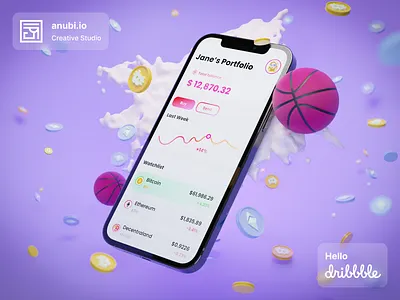Crypto Portfolio - Hello Dribbble! 3d 3d art app bitcoin blender btc crypto cryptocurrency dashboard decentraland eth ethereum hello hello dribbble iconic illustration mobile particles splash uidesign