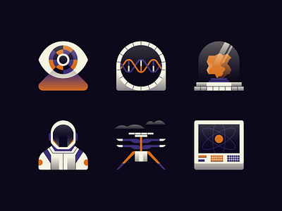 Mars Exploration Icons astronaut computer data visualisation data visualization data viz dna eye gradient helicopter icon icon set icons infographic mars nasa retro rock science screen space