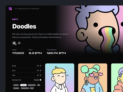 NFT explorer dashbaord blockchain collection crypto dark dashbaord ethereum explore gallery list nft product design search ui wallet