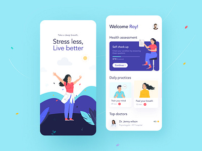 Self Evaluation App app design application colors consulting doctor app healthcare home page illustration list meditation mindful mobile onboarding psychology questionnaire self care stress test ui ux
