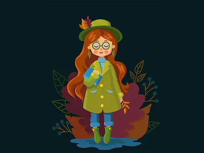 Red-haired girl in a hat. Autumn character. Vector. adobe illustrator art artist autumn book childrens illustration coat design flat girl character girl illustration hat headdress illustration illustrator leaves minimal red haired vector