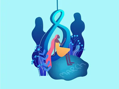 8 march 8 march beautiful character design garden girl gradient illustration isometric isometry park spring swing vector womans day