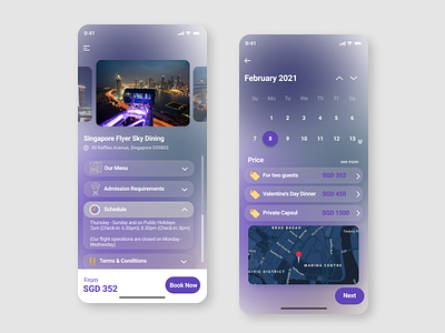 booking page for reserving at a restaurant booking booking app booking page dinner food glassmorphism night purple reservation restaurant