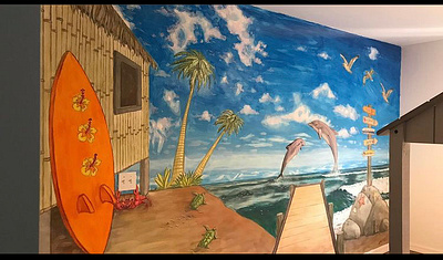 surfing beach acrylic mural acrylicpainting backgrounddesign beachart illustration murals