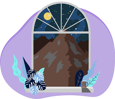 Mountain view window arch beer flat full moon illustration illustrator leaves mountain nature art night view stars ui vector window