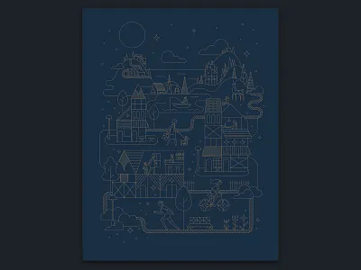 Enchant Illustration building city community folk art illustration linework minimal monoline mountains outline people scandinavian trees vector art village