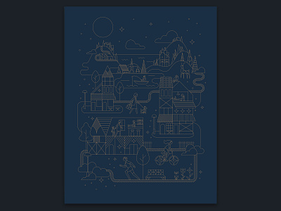 Enchant Illustration building city community folk art illustration linework minimal monoline mountains outline people scandinavian trees vector art village