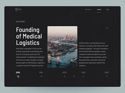 "Our Story" for Medical Logistics about animation black company dark mode healthcare history interaction landing logistic modern motion story timeline ui ux website