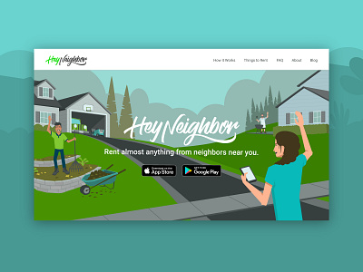 Hey Neighbor :: Hero application blue green hero home house illustration illustration style outdoors people rent residential shopping storage ui web