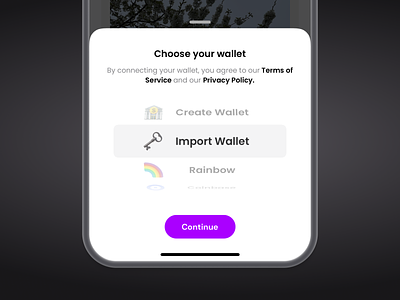 Import, Create or Connect Wallet Bottom Sheet app blockchain bottom sheet button choose connect crypto import interface ios light mobile app purple select sheet swipe wallet wallet connect