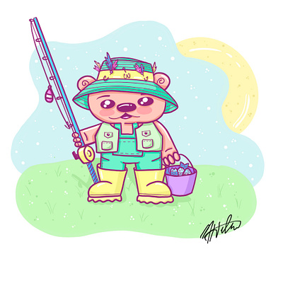 Fisherman bear caught some fish illustration ipad pro procreate sketch stickers