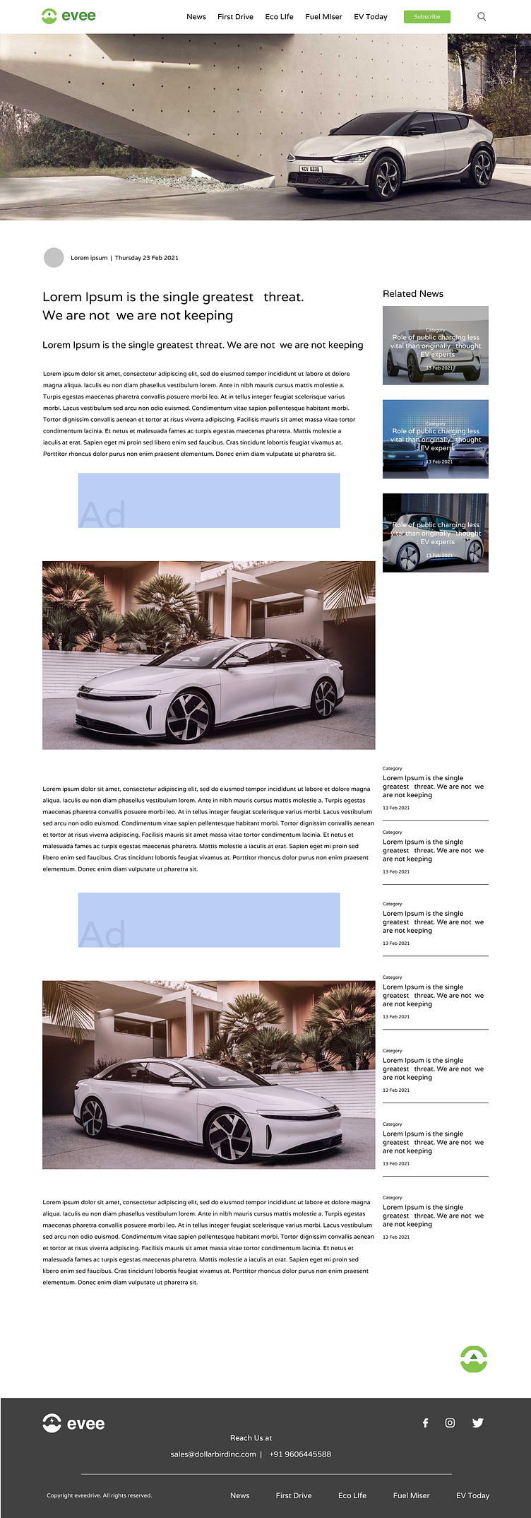 Evee Electric vehicle blog website by Dollarbird Design on Dribbble