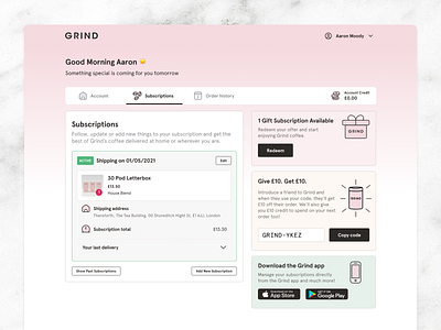 Grind Coffee app clean coffee design ecommerce gift interface subscription ui website