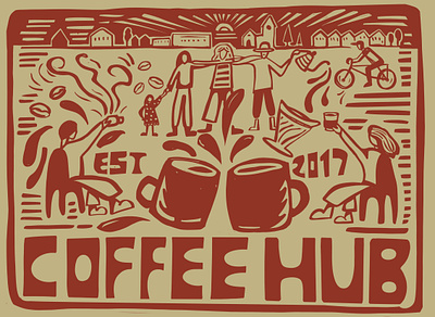 Coffee Hub Illustration coffee coffeebranding coffeeshop community friends linocut mug ohio pourover town