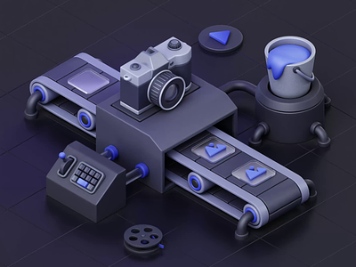 Camera Factory 3d animation blender bucket camera cute dark mode factory film roll game illustration isometric light mode lowpoly minimal ui ui8 ux web design workspace