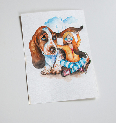 Watercolor illustration, dog and girl, postcard to a friend, aqu aquarelle art book illustration dog girl illustration paint painting postcard watercolor