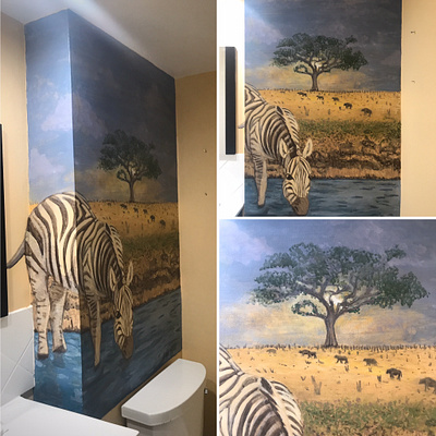 "The thirsty zebra" Acrylic art mural acrylicpainting animalart backgrounddesign bathroomart design illustration murals