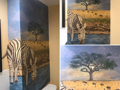 "The thirsty zebra" Acrylic art mural acrylicpainting animalart backgrounddesign bathroomart design illustration murals