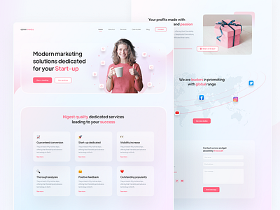 Marketing agency landing page 2021 emoji facebook glass glassmorphism icons inspiration instagram ladning page marketing modern pink social media startup ui ui design uiux website website design white