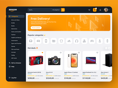 Amazon Website Redesign Concept 3d amazon categories contrast dark dashboad design desktop ecommerce home page interface light orange products shop ux ui vibrant web website design