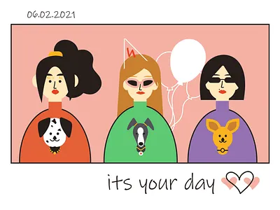 Birthday card art birthday characters design dog feminism flat friends friendship girls girls power happy birthday hipster illustration millennials party pet postcard vector woman