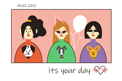 Birthday card art birthday characters design dog feminism flat friends friendship girls girls power happy birthday hipster illustration millennials party pet postcard vector woman