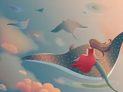 Girl in red dress flying with mantas above the ocean fairytale girl illustration manta ray ocean vector vector art vector illustration