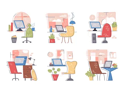 Collection of working places cabinet cartoon design desk desktop flat freelance home illustration interior laptop office place plant room vector work workdesk workplace workspace