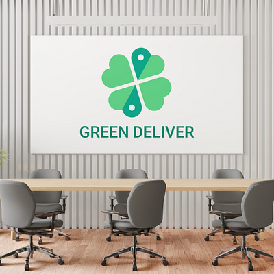 Green Deliver Logo on Office Mockup 3d app art brand branding clean color concept creative deliver delivery app design flat icon identity logo minimal plant simple vector