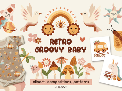 Retro groovy baby collection 70s retro baby baby shower boho flowers groovy hippie mushroom peaceful rainbow retro retro animals retro butterfly retro design retro graphic retro illustration retro pattern retro style seamless pattern vintage