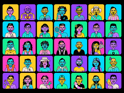 Solana Summer Camp Avatars avatar camp character collage collection colorful crypto face figma illustration neon nft outdoors pfp portrait profile solana summer vector