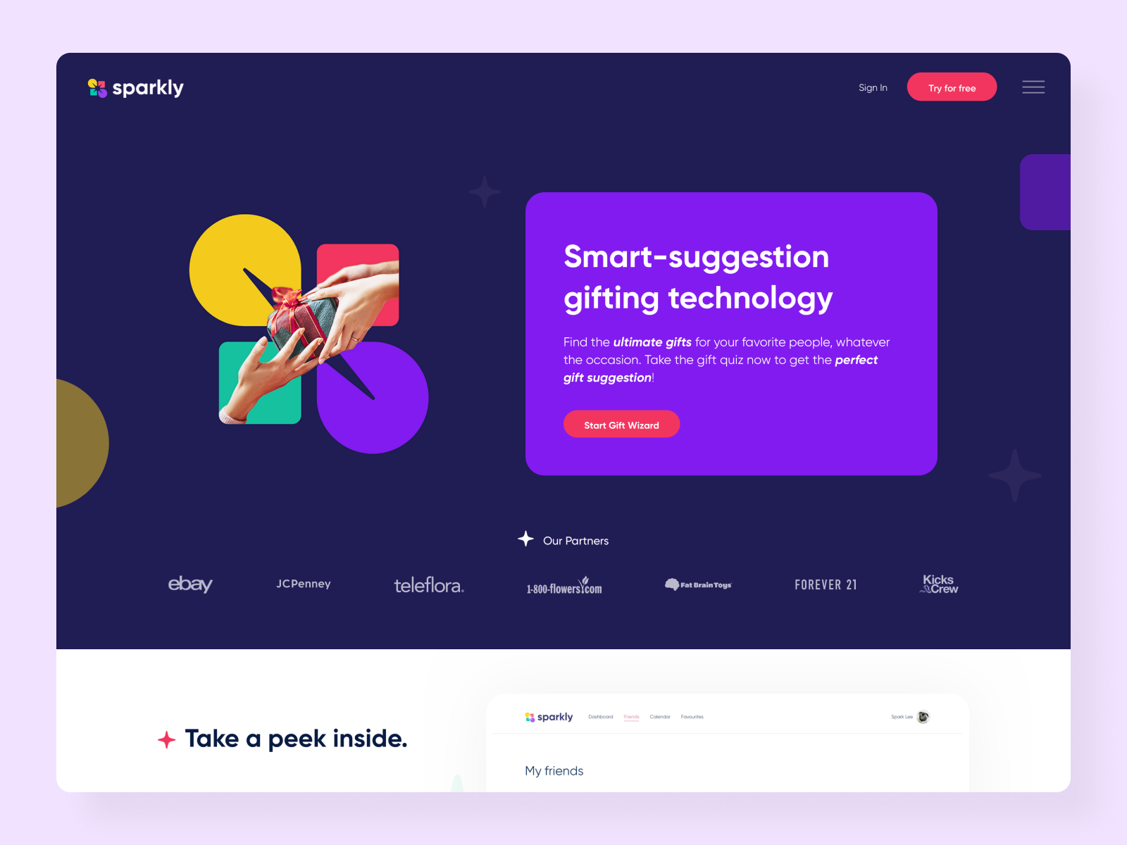 Sparkly smart-suggestion gifting technology website redesign bold design branding bright colors gifting gifts inspiration sparkly web design webdesign website website design