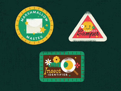 camp patches badge camp campfire camping floral flowers insect marshmallow patches smiley smiley face smore star worm
