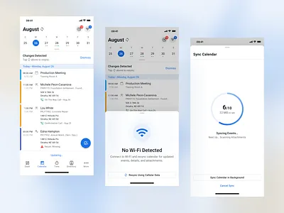 Sync Calendar Flow app calendar calendar ui clean clean ui construction design downloading downloads event events loading loading bar loading screen mobile modal ui ui ux ux