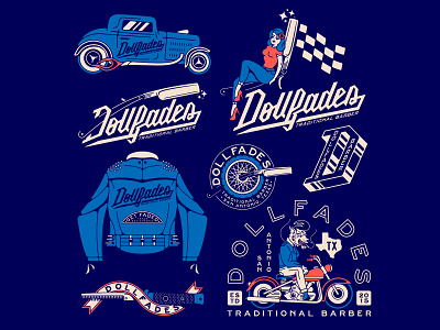 Dollfades badge banner barber branding car comb fire flag hot rod jacket motorcycle race razor spikes straightrazor texas werewolf wheel wolf woman