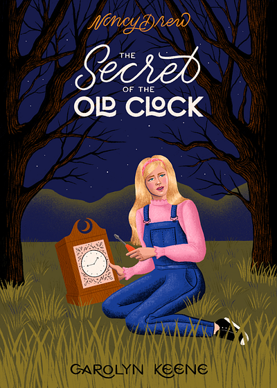 The Secret of the Old Clock book cover childrens book clock crime junie design digitalart drawing hand lettering illustration lettering mystery nancy drew trees true crime typography woman