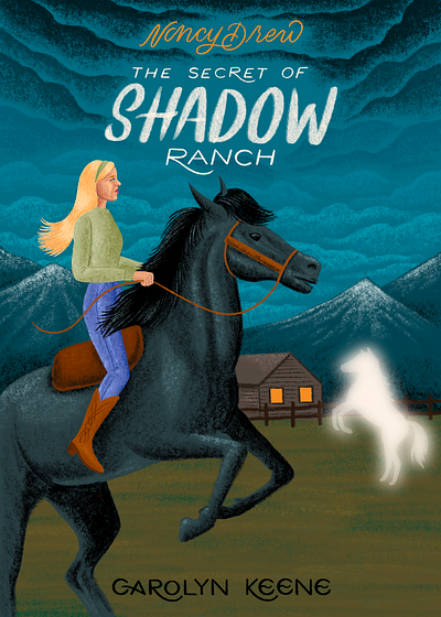 The Secret of Shadow Ranch book cover book illustration design ghost hand lettering horse illustration lettering mountains mystery nancy drew novel ranch spooky true crime typography