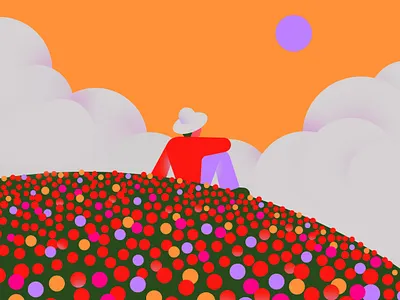 Springtime blossom calm chill clouds colorful field flat flowerly flowers hill illustration nature poppies spring springtime