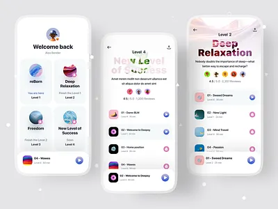 Relaxation App (White Theme) app app design calm cards cover illustration ios mobile mobile app design profile relax relaxaton social typography ui ux yoga
