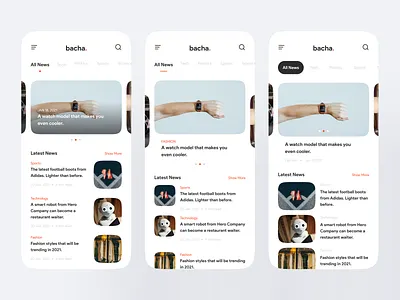 Bacha - News App UI Kit android app article app card clean design figma kit home screen ios kit minimalist news app newspaper splash screen typography ui ui design ui kit ui8 variations