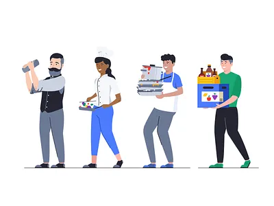 Character set 2d bartender cooker characters colorful cute delivery man design dishwasher face flat icon set illustration man outline people shape team woman workers