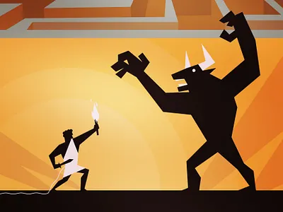 THESEUS and the MINOTAUR beast greek mythology illustration labrynth myth vector