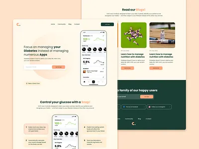 Cone - Diabetes management platform app blog concept diabetes features flat green landing page modern retro ui