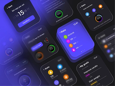 Fitness Smart Watch Dark UI brand kit branding design daily ui design kit digital watch dumbbell workout fitness app fitness tracker fitness ui interface mobile watch ui kit uiux watch ui kit web elements website