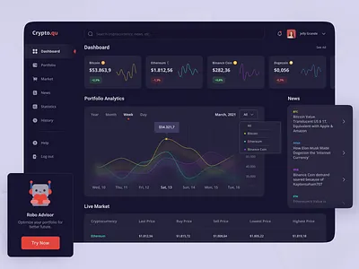 CryptoQu - Cryptocurrency Dashboard analytics dashboard bitcoin clean colorful crypto dashboard crypto exchange crypto wallet cryptocurrency cryptocurrency dashboard dark mode dashboard dashboard app dashboard ui desktop app finance app finance dashboard marketing neon colors portfolio trading app uidesign