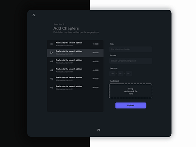 Audiobook App: Add chapters📚 app design audio app audiobook audiobook desktop app chapter list chapters dark ui desktop app steps ui wizard