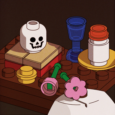 Still Bricks with Skull 3626d1 adobe illustrator art illustration painting parody retro skull still life toy