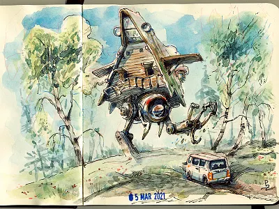 Baba Yaga in her robohut on patrol. [watercolor] aquarela aquarelle baba yaga character design concept art editorial hut illustration mecha minibus robot sci fi sketch sketchbook sketching traditional art watercolor watercolour баба яга избушка на курьих ножках